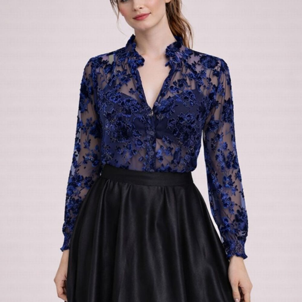Navy Blue Sheer Floral Velvet Burnout Button Up Blouse 6 Witchy Fairy Whimsigoth